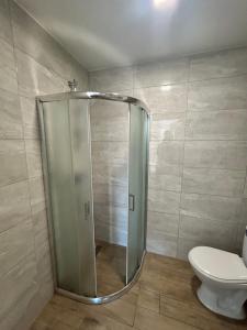 a shower stall in a bathroom with a toilet at Królewska Przystań in Kamienica Królewska
