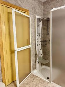 a shower with a glass door in a bathroom at La terraza del Campanario in Ríolobos +43 photos