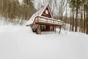 a small cabin in the snow in the woods at A-Frame Escape in Ludlow