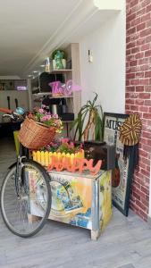 a bike parked next to a table with flowers at one hostel in Tabarka +2 photos