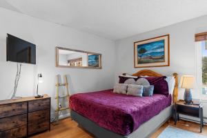 a bedroom with a purple bed and a tv at Blazing Saddles #102 in Breckenridge +14 photos