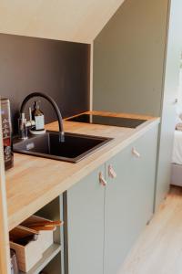 a kitchen with a sink and a counter at Tiny House - Nature&calme - Pétanque&barbecue in Quincey