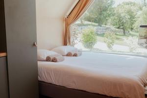 a bed with two pillows in front of a window at Tiny House - Nature&calme - Pétanque&barbecue in Quincey