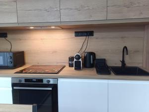 a kitchen counter with a stove and a sink at DUPLEX 3eme étage in Le Vigan +8 photos