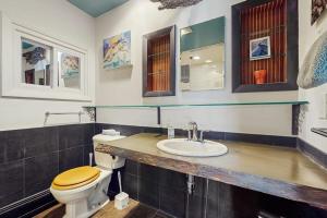 a bathroom with a toilet with a sink and a sink at Art Rocks in Stowe +36 photos
