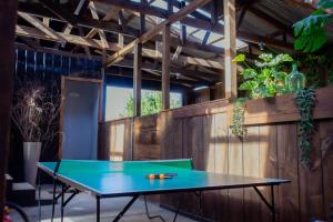 a ping pong table in front of a wooden fence at Casa Curacautin Hostel in Curacautín