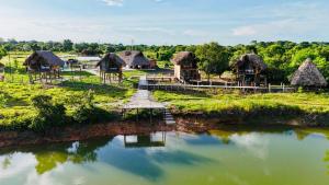 an aerial view of a group of huts and a river at Ecopayara Hotel Puerto Gaitán in Puerto Gaitán