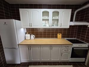 a kitchen with white cabinets and a white refrigerator at Piva Rustic Escape in Plužine +24 photos