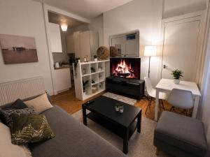 a living room with a couch and a fireplace at Comfortable 2 Bedroom Flat in Leith in Edinburgh