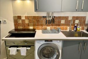 a kitchen with a washing machine under a counter at Bright Nîmes Center Flat with Terrace in Nîmes