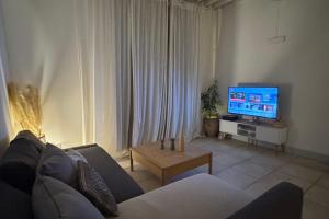 a living room with a couch and a tv at Bright Nîmes Center Flat with Terrace in Nîmes