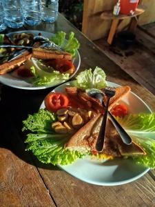 two plates of food with a sandwich and salad on a table at Watuburu Cottage & Restaurant in Ende