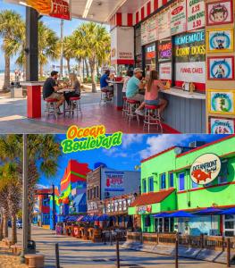 a collage of two pictures of a beach restaurant at Oceanfront Suite -Steps to SkyWheel! Yachtsman 402 in Myrtle Beach