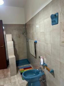 a bathroom with a blue toilet and a shower at Sa Mùrtya casa vacanza in Viddalba +15 photos