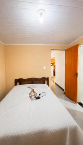 a bedroom with a white bed with a basket on it at Sitio em Capim Branco in Capim Branco +24 photos