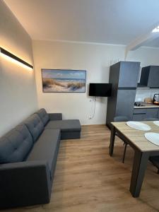 a living room with a couch and a table at Salsedine house in Punta Marina