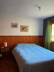 a bedroom with a blue bed and a window at Pichares in Pichare +34 photos