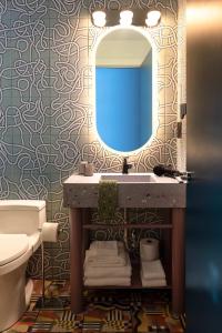 a bathroom with a sink and a mirror and a toilet at Hotel Hilo - Room 103 in Louisville