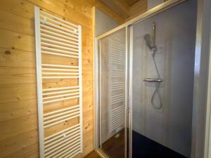 a shower in a bathroom with wooden walls at Rattendorf 3A in Rattendorf +45 photos
