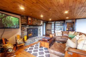a living room with a couch and a fireplace at Pinnacle View Lodge in Boone