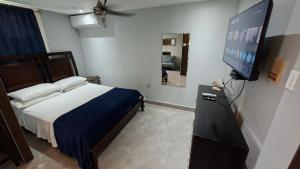a bedroom with a bed and a flat screen tv at Studio Suite 11 in Ocho Rios