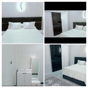 four images of a bedroom with a bed and a mirror at Flower House in Al Aqālitah