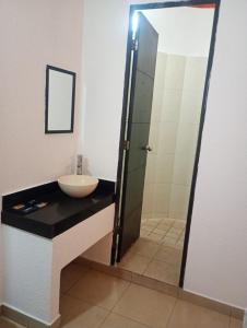 a bathroom with a sink and a shower at J Alejandro - Centro Histórico Guadalajara in Guadalajara