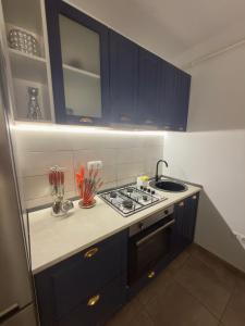 a kitchen with blue cabinets and a stove top oven at Panoramic Self Check-in Underground Parking in Iaşi +17 photos