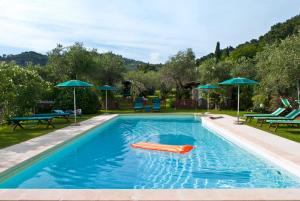 a swimming pool with a red raft in the water at Azienda agricola Della Mezzaluna in Stiava