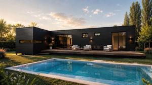 a black house with a pool in the yard at MODULAR NUEVA l in San Luis
