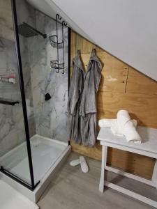 a bathroom with a shower and a toilet and a sink at Mpushini Falls Resort in Eshowe +150 photos