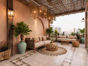 a living room with couches and plants in a building at Soho Boutique in Quảng Ngãi
