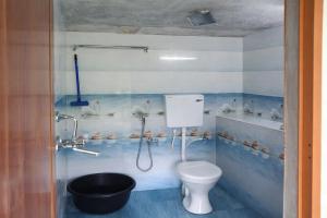 a bathroom with a toilet and a shower in it at Aroli Homestay in Kalasa
