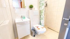 a bathroom with a toilet and a sink at Hotel Hirsch Fluorn Schwarzwald in Fluorn +100 photos