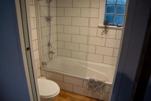 a bathroom with a toilet and a bath tub at Kingfisher Cottage in Masterton