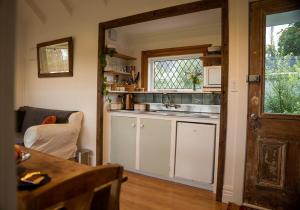 a kitchen with a sink and a counter top at Kingfisher Cottage in Masterton