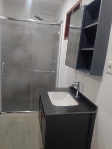 a bathroom with a sink and a shower at Gecko Lodge in Tetebatu +4 photos