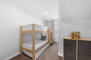 a bunk bed in a room with two teddy bears at 3 Bedroom City Apt, Big Yard & Park Views - Sleeps 7 in Adelaide