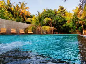 a swimming pool with blue water and palm trees at Gamagedara Resort in Dambulla
