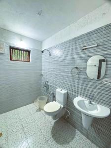 a bathroom with a toilet and a sink and a mirror at Vilayara Heritage Retreat -Kozhikode in Kunnamangalam +38 photos