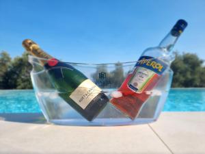 two bottles of champagne in a bucket on a beach at Villa Westwood in Parga