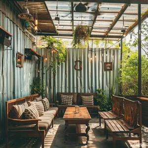 a patio with couches and a table and benches at Vangvieng dream house in Vang Vieng