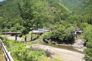 a view of a river with a bridge and a mountain at HOSTEL Bion in Taki