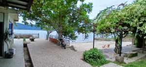 a person sitting on a bench on a beach at Kings guest house in Tuktuk Siadong