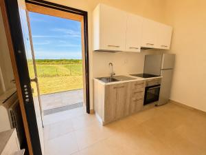 a kitchen with a sink and a sliding glass door at Oasi Frontemare Appartamenti in Pineto