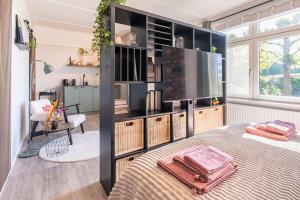 a room with a bed and a large entertainment center at Hoeve Hunzedal in Eexterzandvoort