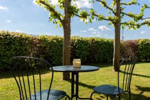 a table and chairs in a yard with a tree at Hoeve Hunzedal in Eexterzandvoort +16 photos