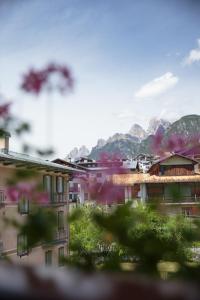 a view of a city with mountains in the background at Hotel Centrale in Auronzo di Cadore