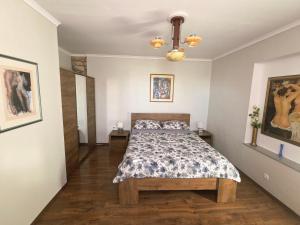 a bedroom with a bed and paintings on the walls at Charming Stone House Dobrinj in Dobrinj