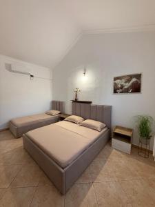 two beds in a room with white walls at Hotel Laura in Velipojë